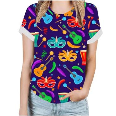 Imagem de Camiseta feminina Mardi Gras Diamond de manga curta gola redonda casual folgada pulôver leve com estampa de férias, A02#multicolorido, G