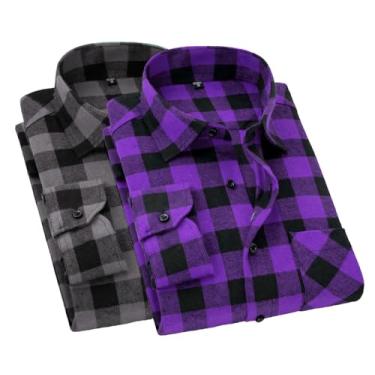 Imagem de Cromoncent Camisa masculina casual xadrez de flanela com botões, 2 peças - roxo, cinza, 3G