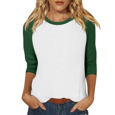 Imagem de Camiseta feminina gola redonda manga 3/4 blusas color block caimento solto camiseta casual confortável túnica camiseta de treino, Verde, 4G