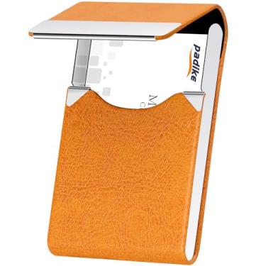 Imagem de Padike Porta-cartões de visita profissional de couro PU, porta-cartões de visita, porta-cartões de visita, fino, de metal, com fecho magnético (Z-laranja)