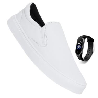 Imagem de Tênis Sapatênis Casual Slip On Iate Calce Fácil Sem Cadarço Leve Confortável + Relógio (Branco, BR, Adulto, Numérico, 42)