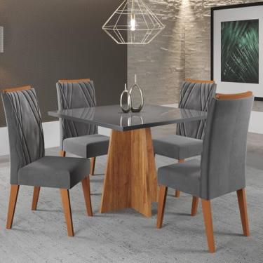 Imagem de Mesa de Jantar Quadrada Decora com Vidro 90x90 e 4 Cadeiras Vegas em Madeira Maciça Mel/Grafite/Grafite
