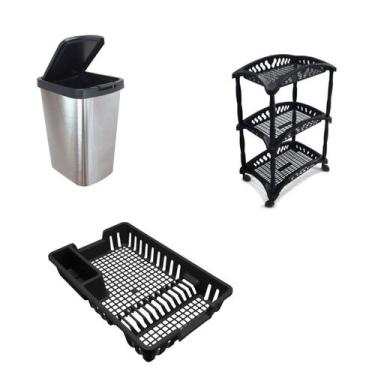 Imagem de Kit Organização Cozinha Escorredor Fruteira Tripla e Lixeira - Arqplas