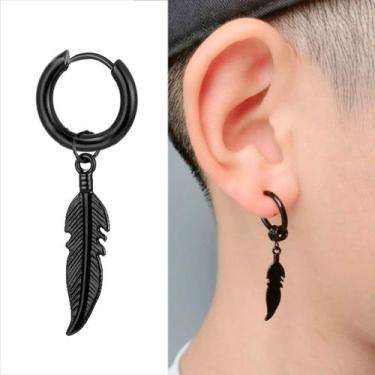Imagem de par brinco masculino de pena argola preta funk aço inox click estilo b