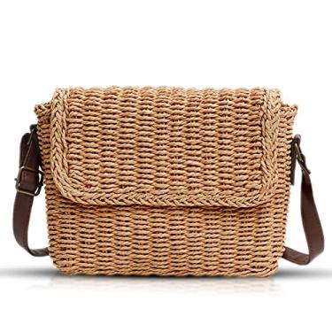 Imagem de QTKJ Bolsa de palha, bolsa de praia para mulheres, bolsa quadrada tecida à mão, alça de ombro de couro ajustável, bolsa transversal adequada para praia, viagens, combinação diária (Cáqui), Caqui