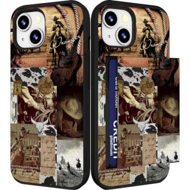 Imagem de IWONE Capa compatível com iPhone 14/15 Plus fofa com porta-cartões Slim Slot Phone 14/15 Plus capa carteira para mulheres/cowboy country Wrangler colagem vaca vaqueira ocidental cacto