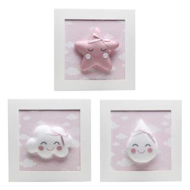 Imagem de Trio De Quadros Chuva de Amor Rosa Quarto Bebê Infantil Menina - Potin