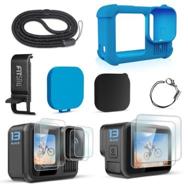 Imagem de FitStill Capa protetora macia de silicone azul para Go Pro Hero 13 preta, capa lateral de bateria, protetores de tela, tampas de lente e cordão para kit de acessórios Hero13 preto