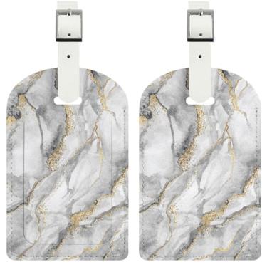 Imagem de Amakoo Pacote com 2 etiquetas de bagagem de couro para mala, etiqueta de viagem exclusiva com etiquetas de endereço de aba de privacidade para mulheres e homens - mármore com textura de ouro branco