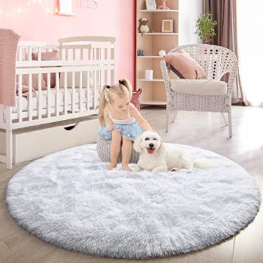Imagem de FlyDOIT Tapete branco redondo para quarto, tapete circular super fofo para berçário, tapete peludo de 1,2 m x 1,2 m para quarto de crianças, tapete felpudo fofo e macio para decoração de casa para meninas, tapete felpudo para dormitório