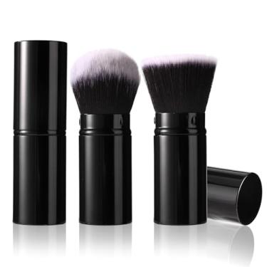 Imagem de 2 pincéis de blush para o rosto de viagem, pincel retrátil para maquiagem portátil, base em pó, protetor solar, cabelo preto e branco (cabeça chata + cabeça redonda)