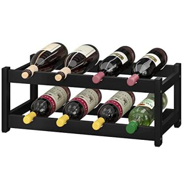 Imagem de BAMEOS Suporte de vinho para 8 garrafas de bambu com 2 níveis para vinho de bancada, suporte de vinho, prateleira de armazenamento de vinho para cozinha, bar, despensa, adega, bancada preta (42 cm C x 23 cm L x 18 cm A)