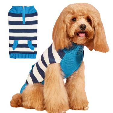 Imagem de CHBORLESS Suéter listrado de tricô para cães com zíper, roupas de cachorro com bolso, roupas de inverno para cães pequenos e gatos, suéter para Perros (PP, azul)