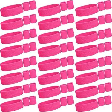 Imagem de Yuxung Conjunto de 72 faixas de suor neon inclui 24 peças de faixa de cabeça esportiva esportiva e 48 peças de faixa de suor para pulso absorvente anos 80 para homens mulheres basquete tênis academia exercício (rosa neon)