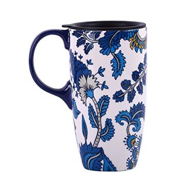 Imagem de Topadorn Caneca de cerâmica com tampa e alça, xícara de café alta de 500 ml para casa, festa e aniversário, flor azul