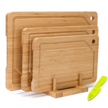 Imagem de Conjunto de 3 tábuas de corte de bambu, tábuas de corte para cozinha com ranhura de suco, conjunto de tábua de cortar de bambu, conjunto de tábua de servir para carne, legumes e queijo