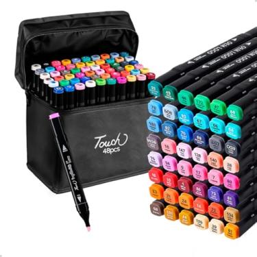 Imagem de Kit Canetinhas 48 Cores Ponta Dupla + Estojo Desenho Escolar