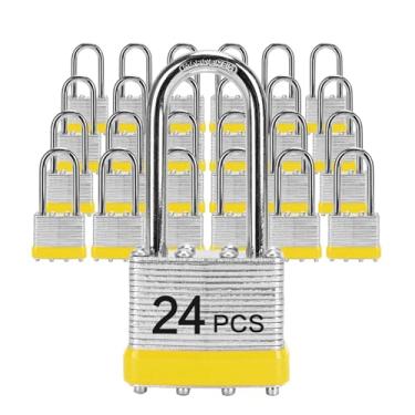 Imagem de Cadeados com a mesma chave, LQYN 24 peças de cadeado laminado com chave (1-9/40.6 cm, 40 mm), fechaduras com chave, manilha longa, para armário de armazenamento, trava de ferrolho, caixa de