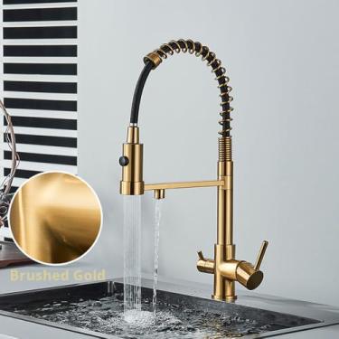Imagem de Torneira de filtro de água de cozinha com bico duplo, misturador de água potável pura, torneira de rotação, purificação de água, torneiras de cozinha, ouro escovado B
