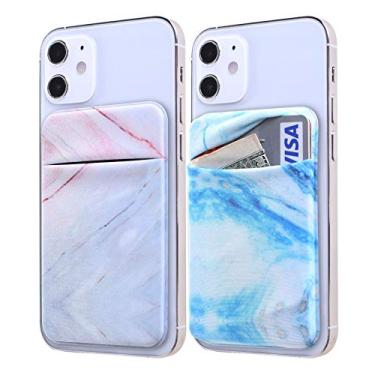 Imagem de CA+ 2 pacotes baratos de carteira de telefone porta-cartão para capa de telefone capas adesivas para celular suporte de cartão de celular adesivo durável suporte de cartão de crédito para a parte traseira do telefone (mármore azul + marrom)