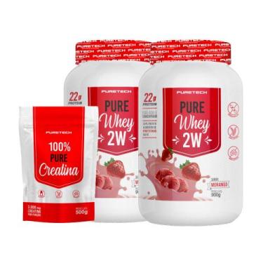 Imagem de Kit 2x Whey Pure 2W 900g + Creatina 100% Pura 500g PURETECH, Morango+M