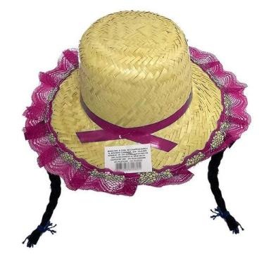 Imagem de Chapéu Palha Caipira Virol Com Trança Renda Festa Junina Meninas Mocin