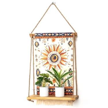 Imagem de Prateleira suspensa montada na parede com pano decorativo estilo boêmio, material natural feito à mão, 61 x 30 cm, para sala de estar, quarto, armazenamento doméstico e plantas de interior