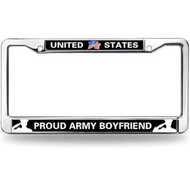 Imagem de Moldura de placa de licença de aço inoxidável Proud Army Boyfriend com 2 furos, Proud US Army Polish White Stainless Steel License Plate Frame with Screw Caps Sets
