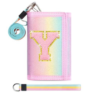 Imagem de cotmcor Carteiras infantis para meninas, adolescentes, 6-8, 8-10 anos, linda bolsa infantil com inicial de rebanho, bolso para moedas, glitter, arco-íris, carteira transversal para presentes de