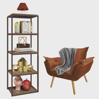 Imagem de Kit Poltrona Fatte com Manta Soft Cinza e Estante Livreiro Ferro Marrom mdf Imbuia Suede Terracota - Ahazzo Móveis