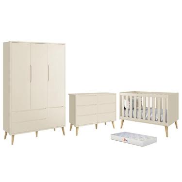 Imagem de Dormitório Completo Infantil Theo 3 Portas, Cômoda 6 Gavetas, Berço com Pés Madeira Natural e Colchão D18 - Reller Móveis Areia Fosco
