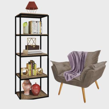 Imagem de Kit Poltrona Fatte com Manta Soft Lilás e Estante Livreiro Ferro Preto mdf Imbuia Suede Bege - Ahazzo Móveis