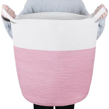 Imagem de Cesta de corda de algodão 36,8 cm x 30,5 cm x 53,3 cm Cesto de roupa suja de bebê com alça - cobertor e cesta de armazenamento de brinquedos para edredom, almofadas, berçário, sala de estar | Branco e