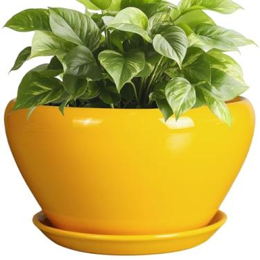 Imagem de Ceramicfor Vaso de cerâmica 23 cm - Vaso de plantas moderno redondo de meados do século com orifício de drenagem e pires para plantas ao ar livre, varanda, casa, jardim, pátio, decoração de casa