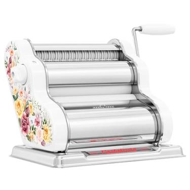 Imagem de PASTALINDA Máquina clássica de 200 massas, rolos de 20 cm de largura, 9 posições de espessura, 2 posições de corte, aço inoxidável. Inclui manivela de mão reforçada e dois grampos