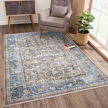 Imagem de Bloom Rugs Tapete lavável antiderrapante 2x3 - Tapete de área oriental tradicional azul/vermelho marrom para sala de estar, quarto, sala de jantar e cozinha - Tamanho exato: 5 x 7 cm