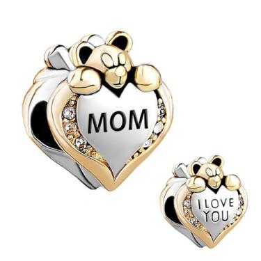 Imagem de MiiFort Berloque de dois tons "I Love You" fofo com contas de coração de urso compatível com pulseiras Pandora para mulheres, família, mãe, dia das mães