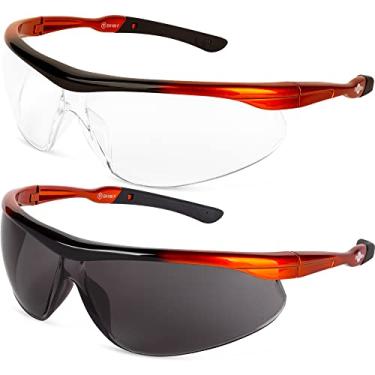 Imagem de ToolFreak Óculos de segurança, lentes coloridas e transparentes, envolvente, classificação ANSI z87.1, U6 UV. Cordão de pescoço e bolsa de microfibra incluídos (pacote de agente)