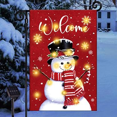Imagem de Boneco de neve bandeira de jardim iluminada de natal decoração externa LED solar juta bandeira de quintal de natal sinal de jardim de inverno bandeira de dois lados vertical bandeira de jardim para decoração de gramado de jardim 30 x 45 centímetros