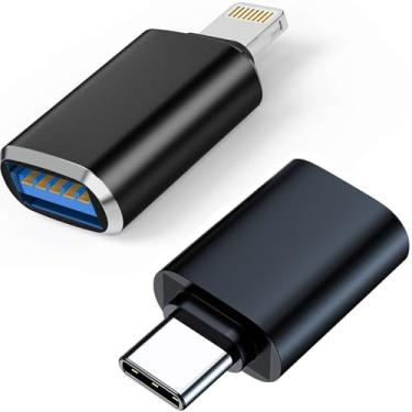 Imagem de HALCONTORNO Pacote de 2 adaptadores USB - Adaptador USB C para carro, MacBook, iPhone, iPad, Android, Telefone, OTG Lightning USBC Macho para USBA Fêmea, Adaptador Lightning para USB, Adaptador USB A
