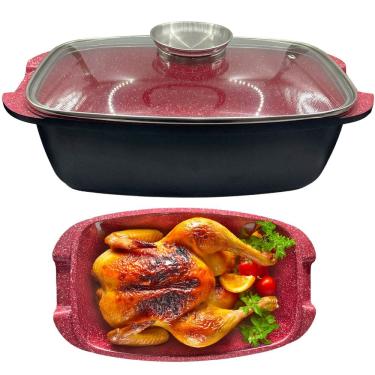 Imagem de Assadeira Grande de Cerâmica Antiaderente com Tampa de Vidro Botão Aroma e Compatível com Indução Gás e Elétrica