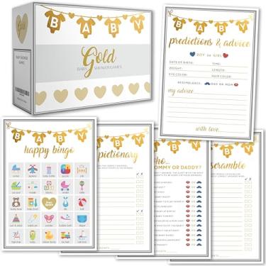 Imagem de Party Hearty, Jogos de chá de bebê, folha dourada, 5 jogos, 50 folhas cada, 12,7 x 17,7 cm, jogos e atividades divertidos, conselhos de previsões de bebê, emoji piccionário, adivinhe quem mamãe ou papai, bingo e confusão de palavras