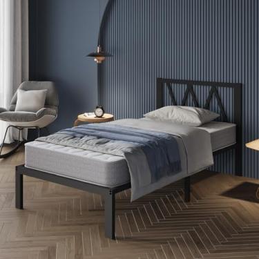 Imagem de Avenco Estrutura de cama de solteiro de 35,5 cm com cabeceira, estrutura de cama de plataforma de metal, moldura de cama de solteiro sem necessidade de mola box, montagem fácil, suporte de ripas de
