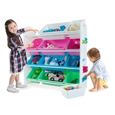 Imagem de UNiPLAY Organizador de brinquedos com 12 caixas de armazenamento removíveis, organizador de vários compartimentos para livros, blocos de construção, materiais escolares, brinquedos com moldura de placa de base (rosa)