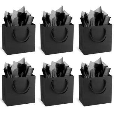 Imagem de Sacos de presente pretos com alças e papel de seda, 6 peças, sacos de presente de papel Kraft resistentes de 30 x 11 cm, a granel para casamento, festa, aniversário, negócios e compras
