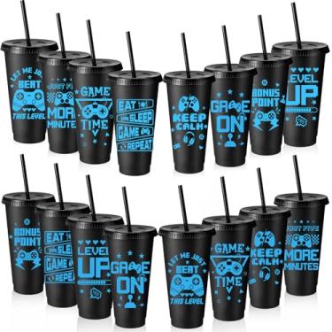 Imagem de Potchen 16 peças de copos de plástico para jogos de videogame com tampas e canudos, copo reutilizável para jogos divertidos, lembrancinhas de festa de aniversário (preto azul)