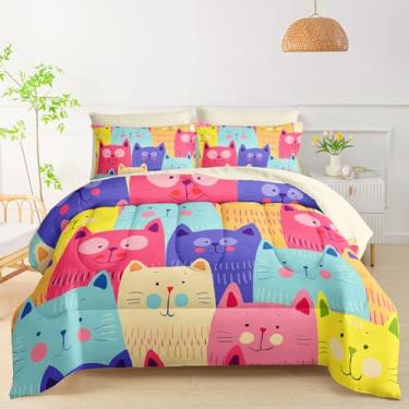 Imagem de QOOMO Conjunto de edredom de desenho animado de gato, 7 peças, animais fofos, conjunto de cama para meninas, 2 fronhas bege, 2 fronhas para gatos