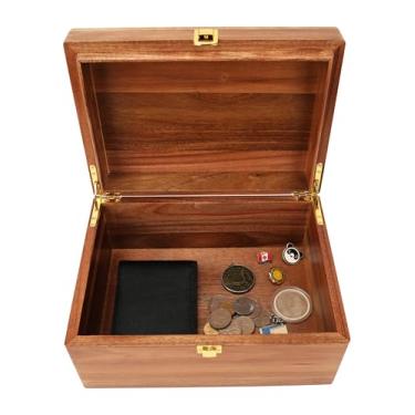 Imagem de Spiretro Caixa de madeira maciça de acácia feita à mão com tampa articulada – acabamento exclusivo natural, dobradiças douradas e fecho de trava, armazenamento seguro para chá, joias, artesanato