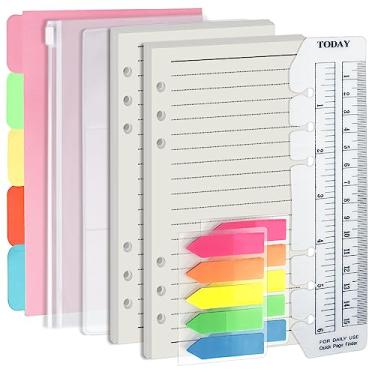 Imagem de Harphia A6 Conjunto de 6 Furos de Refil de Fichário, 90 Folhas de Inserção Planejador de Linha Pautada, 5 Folhas Divisórias de Papel para Fichário, Bolso Translúcido Planejador, Saco de Cartão de PVC para Fichário, 200 Peças Adesivos Coloridos 005Da6line
