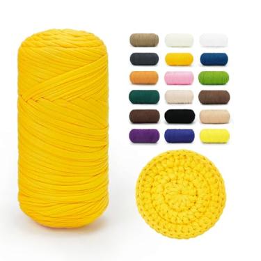 Imagem de BATELO Fio de camiseta 400 g/100 m, fio de crochê para bolsa de crochê/cesta/decoração de casa, tecido elástico de mistura de poliéster e elastano (amarelo)